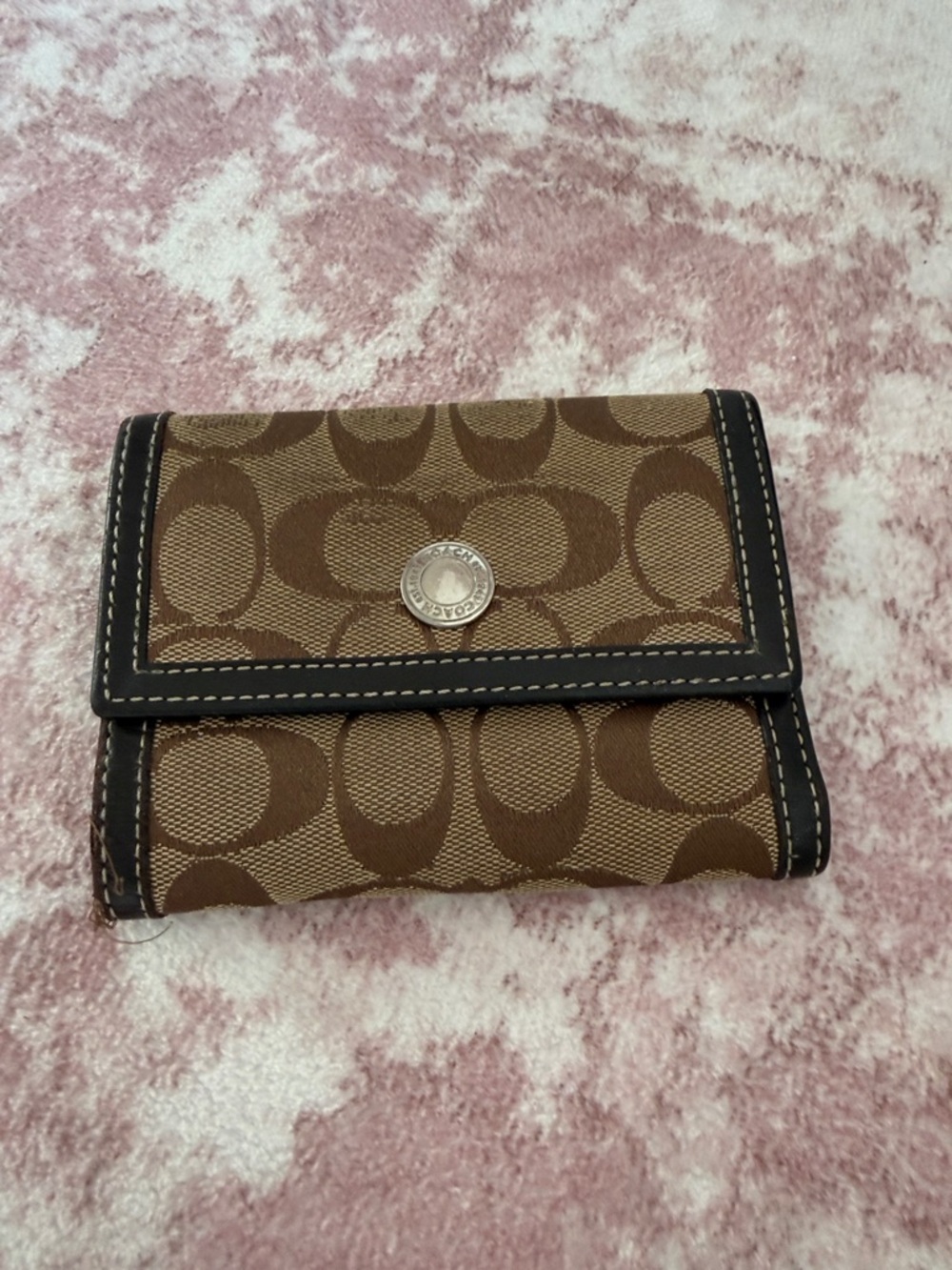 Coach Brown Signature Canvas Trifold Wallet with Dark Trim
